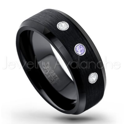 0.07ctw Tanzanite Tungsten Ring - December Birthstone Ring - 8mm Tungsten Wedding Band - Brushed Finish Black Ion Plated Beveled Edge Comfort Fit Tungsten Carbide Ring TN166-TZN