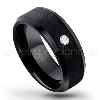 0.21ctw White & Black Diamond 3-Stone Tungsten Ring - April Birthstone Ring - 8mm Tungsten Wedding Band - Brushed Finish Black Ion Plated Beveled Edge Comfort Fit Tungsten Carbide Ring TN166-WD