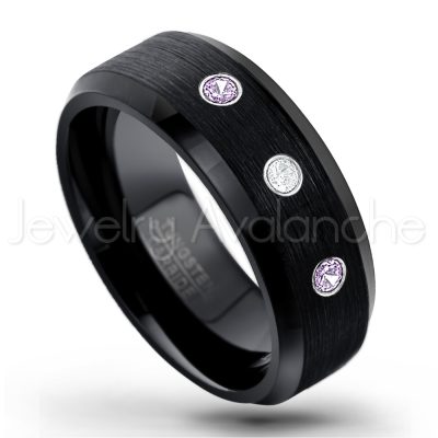 0.07ctw Amethyst Tungsten Ring - February Birthstone Ring - 8mm Tungsten Wedding Band - Brushed Finish Black Ion Plated Beveled Edge Comfort Fit Tungsten Carbide Ring TN166-AMT