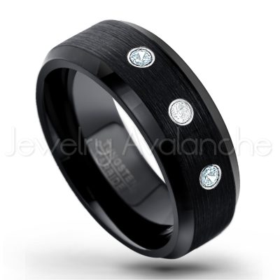 0.21ctw Aquamarine 3-Stone Tungsten Ring - March Birthstone Ring - 8mm Tungsten Wedding Band - Brushed Finish Black Ion Plated Beveled Edge Comfort Fit Tungsten Carbide Ring TN166-AQM