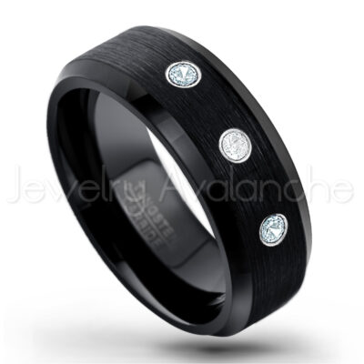 0.07ctw Aquamarine Tungsten Ring - March Birthstone Ring - 8mm Tungsten Wedding Band - Brushed Finish Black Ion Plated Beveled Edge Comfort Fit Tungsten Carbide Ring TN166-AQM