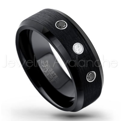 0.21ctw Black Diamond 3-Stone Tungsten Ring - April Birthstone Ring - 8mm Tungsten Wedding Band - Brushed Finish Black Ion Plated Beveled Edge Comfort Fit Tungsten Carbide Ring TN166-BD