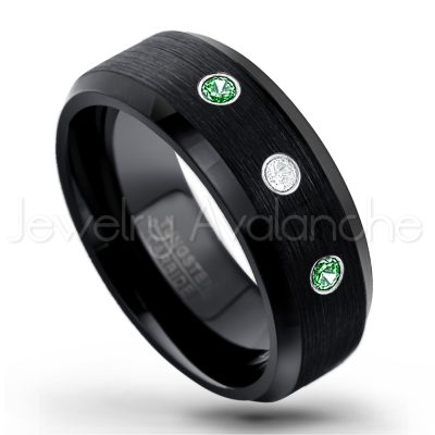 0.07ctw Emerald Tungsten Ring - May Birthstone Ring - 8mm Tungsten Wedding Band - Brushed Finish Black Ion Plated Beveled Edge Comfort Fit Tungsten Carbide Ring TN166-ED