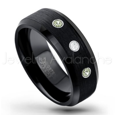 0.21ctw Peridot 3-Stone Tungsten Ring - August Birthstone Ring - 8mm Tungsten Wedding Band - Brushed Finish Black Ion Plated Beveled Edge Comfort Fit Tungsten Carbide Ring TN166-PD