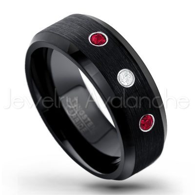 0.07ctw Ruby Tungsten Ring - July Birthstone Ring - 8mm Tungsten Wedding Band - Brushed Finish Black Ion Plated Beveled Edge Comfort Fit Tungsten Carbide Ring TN166-RB