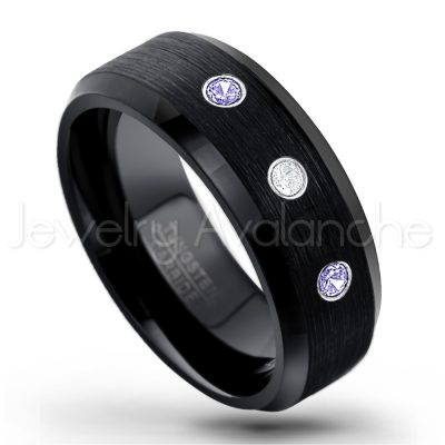 0.07ctw Tanzanite Tungsten Ring - December Birthstone Ring - 8mm Tungsten Wedding Band - Brushed Finish Black Ion Plated Beveled Edge Comfort Fit Tungsten Carbide Ring TN166-TZN
