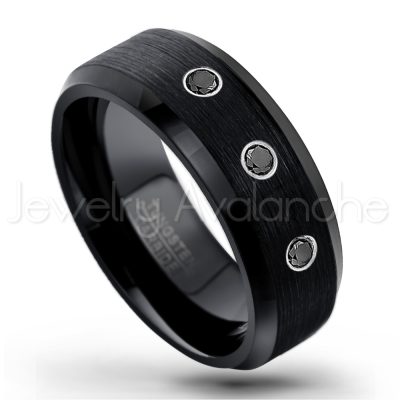 0.21ctw Black & White Diamond 3-Stone Tungsten Ring - April Birthstone Ring - 8mm Tungsten Wedding Band - Brushed Finish Black Ion Plated Beveled Edge Comfort Fit Tungsten Carbide Ring TN166-BD