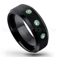 0.21ctw Emerald 3-Stone Tungsten Ring - May Birthstone Ring - 8mm Tungsten Wedding Band - Brushed Finish Black Ion Plated Beveled Edge Comfort Fit Tungsten Carbide Ring TN166-ED