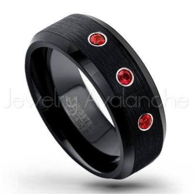 0.21ctw Garnet & Diamond 3-Stone Tungsten Ring - January Birthstone Ring - 8mm Tungsten Wedding Band - Brushed Finish Black Ion Plated Beveled Edge Comfort Fit Tungsten Carbide Ring TN166-GR