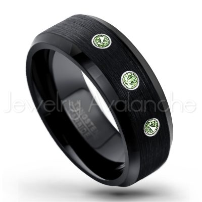 0.21ctw Green Tourmaline & Diamond 3-Stone Tungsten Ring - October Birthstone Ring - 8mm Tungsten Wedding Band - Brushed Finish Black Ion Plated Beveled Edge Comfort Fit Tungsten Carbide Ring TN166-GTM