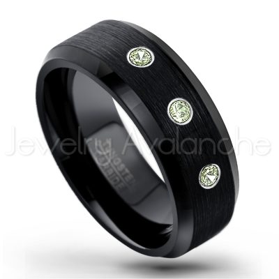 0.07ctw Peridot Tungsten Ring - August Birthstone Ring - 8mm Tungsten Wedding Band - Brushed Finish Black Ion Plated Beveled Edge Comfort Fit Tungsten Carbide Ring TN166-PD
