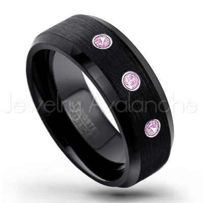 0.07ctw Pink Tourmaline Tungsten Ring - October Birthstone Ring - 8mm Tungsten Wedding Band - Brushed Finish Black Ion Plated Beveled Edge Comfort Fit Tungsten Carbide Ring TN166-PTM