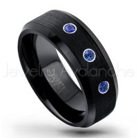 0.21ctw Blue Sapphire 3-Stone Tungsten Ring - September Birthstone Ring - 8mm Tungsten Wedding Band - Brushed Finish Black Ion Plated Beveled Edge Comfort Fit Tungsten Carbide Ring TN166-SP