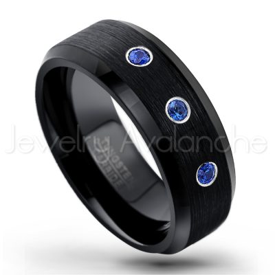 0.21ctw Blue Sapphire & Diamond 3-Stone Tungsten Ring - September Birthstone Ring - 8mm Tungsten Wedding Band - Brushed Finish Black Ion Plated Beveled Edge Comfort Fit Tungsten Carbide Ring TN166-SP