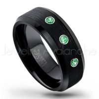 0.21ctw Tsavorite 3-Stone Tungsten Ring - January Birthstone Ring - 8mm Tungsten Wedding Band - Brushed Finish Black Ion Plated Beveled Edge Comfort Fit Tungsten Carbide Ring TN166-TVR