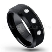 0.21ctw Diamond 3-Stone Tungsten Ring - April Birthstone Ring - 8mm Tungsten Wedding Band - Brushed Finish Black Ion Plated Beveled Edge Comfort Fit Tungsten Carbide Ring TN166-WD