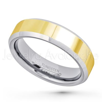 2-Tone Tungsten Wedding Band - 6mm Polished Yellow Gold Plated Center Comfort Fit Dome Tungsten Carbide Ring - Men's Anniversary Ring TN167PL