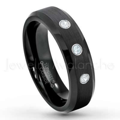 0.07ctw Aquamarine Tungsten Ring - March Birthstone Ring - 6mm Tungsten Wedding Ring - Brushed Finish Black IP Comfort Fit Tungsten Carbide Ring - Ladies Tungsten Anniversary Ring TN168-AQM