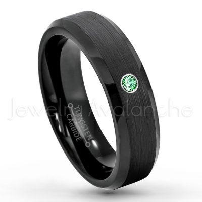 0.21ctw Emerald & Diamond 3-Stone Tungsten Ring - May Birthstone Ring - 6mm Tungsten Wedding Ring - Brushed Finish Black IP Comfort Fit Tungsten Carbide Ring - Ladies Tungsten Anniversary Ring TN168-ED