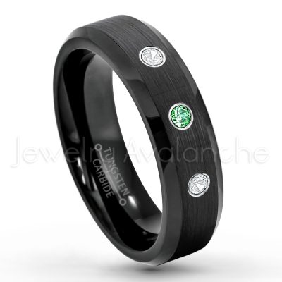 0.07ctw Emerald Tungsten Ring - May Birthstone Ring - 6mm Tungsten Wedding Ring - Brushed Finish Black IP Comfort Fit Tungsten Carbide Ring - Ladies Tungsten Anniversary Ring TN168-ED