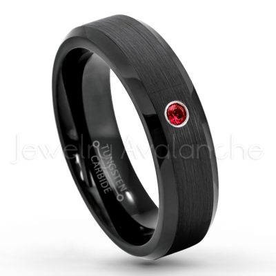 0.21ctw Garnet 3-Stone Tungsten Ring - January Birthstone Ring - 6mm Tungsten Wedding Ring - Brushed Finish Black IP Comfort Fit Tungsten Carbide Ring - Ladies Tungsten Anniversary Ring TN168-GR