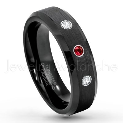 0.07ctw Garnet Tungsten Ring - January Birthstone Ring - 6mm Tungsten Wedding Ring - Brushed Finish Black IP Comfort Fit Tungsten Carbide Ring - Ladies Tungsten Anniversary Ring TN168-GR