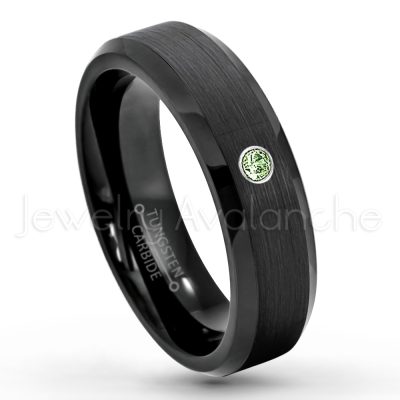 0.21ctw Green Tourmaline 3-Stone Tungsten Ring - October Birthstone Ring - 6mm Tungsten Wedding Ring - Brushed Finish Black IP Comfort Fit Tungsten Carbide Ring - Ladies Tungsten Anniversary Ring TN168-GTM