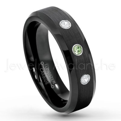 0.21ctw Green Tourmaline 3-Stone Tungsten Ring - October Birthstone Ring - 6mm Tungsten Wedding Ring - Brushed Finish Black IP Comfort Fit Tungsten Carbide Ring - Ladies Tungsten Anniversary Ring TN168-GTM