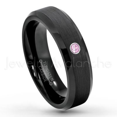0.21ctw Pink Tourmaline 3-Stone Tungsten Ring - October Birthstone Ring - 6mm Tungsten Wedding Ring - Brushed Finish Black IP Comfort Fit Tungsten Carbide Ring - Ladies Tungsten Anniversary Ring TN168-PTM