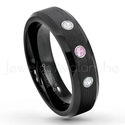 0.21ctw Pink Tourmaline 3-Stone Tungsten Ring - October Birthstone Ring - 6mm Tungsten Wedding Ring - Brushed Finish Black IP Comfort Fit Tungsten Carbide Ring - Ladies Tungsten Anniversary Ring TN168-PTM