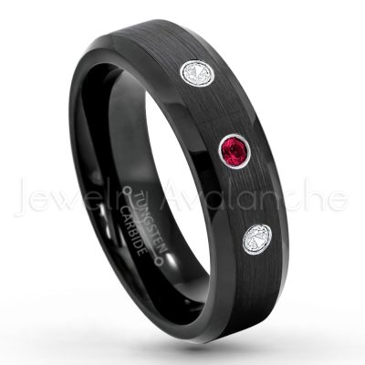 0.21ctw Ruby 3-Stone Tungsten Ring - July Birthstone Ring - 6mm Tungsten Wedding Ring - Brushed Finish Black IP Comfort Fit Tungsten Carbide Ring - Ladies Tungsten Anniversary Ring TN168-RB
