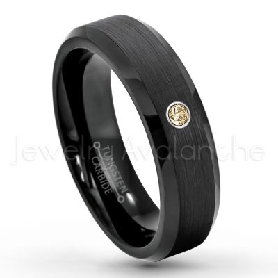 0.21ctw Smokey Quartz & Diamond 3-Stone Tungsten Ring - November Birthstone Ring - 6mm Tungsten Wedding Ring - Brushed Finish Black IP Comfort Fit Tungsten Carbide Ring - Ladies Tungsten Anniversary Ring TN168-SMQ