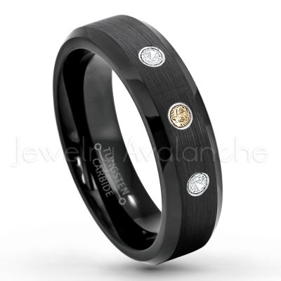 0.21ctw Smokey Quartz & Diamond 3-Stone Tungsten Ring - November Birthstone Ring - 6mm Tungsten Wedding Ring - Brushed Finish Black IP Comfort Fit Tungsten Carbide Ring - Ladies Tungsten Anniversary Ring TN168-SMQ