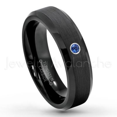 0.21ctw Blue Sapphire & Diamond 3-Stone Tungsten Ring - September Birthstone Ring - 6mm Tungsten Wedding Ring - Brushed Finish Black IP Comfort Fit Tungsten Carbide Ring - Ladies Tungsten Anniversary Ring TN168-SP