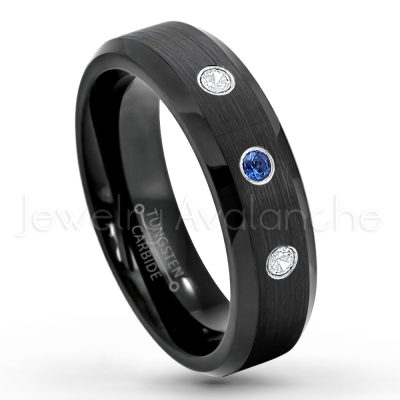 0.07ctw Blue Sapphire Tungsten Ring - September Birthstone Ring - 6mm Tungsten Wedding Ring - Brushed Finish Black IP Comfort Fit Tungsten Carbide Ring - Ladies Tungsten Anniversary Ring TN168-SP