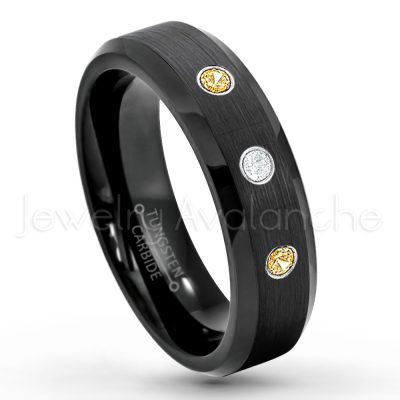 0.21ctw Citrine 3-Stone Tungsten Ring - November Birthstone Ring - 6mm Tungsten Wedding Ring - Brushed Finish Black IP Comfort Fit Tungsten Carbide Ring - Ladies Tungsten Anniversary Ring TN168-CN