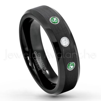 0.21ctw Emerald 3-Stone Tungsten Ring - May Birthstone Ring - 6mm Tungsten Wedding Ring - Brushed Finish Black IP Comfort Fit Tungsten Carbide Ring - Ladies Tungsten Anniversary Ring TN168-ED