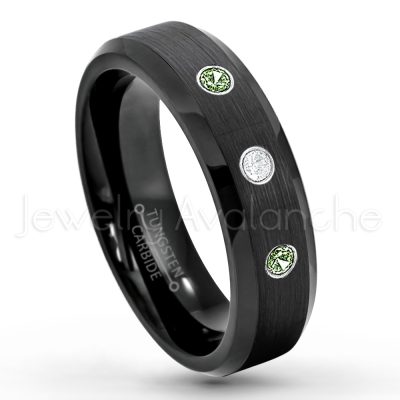 0.21ctw Green Tourmaline 3-Stone Tungsten Ring - October Birthstone Ring - 6mm Tungsten Wedding Ring - Brushed Finish Black IP Comfort Fit Tungsten Carbide Ring - Ladies Tungsten Anniversary Ring TN168-GTM