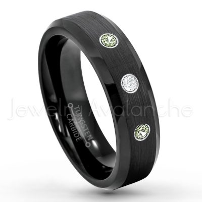 0.07ctw Peridot Tungsten Ring - August Birthstone Ring - 6mm Tungsten Wedding Ring - Brushed Finish Black IP Comfort Fit Tungsten Carbide Ring - Ladies Tungsten Anniversary Ring TN168-PD