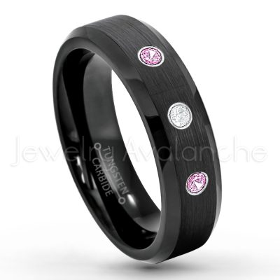 0.07ctw Pink Tourmaline Tungsten Ring - October Birthstone Ring - 6mm Tungsten Wedding Ring - Brushed Finish Black IP Comfort Fit Tungsten Carbide Ring - Ladies Tungsten Anniversary Ring TN168-PTM