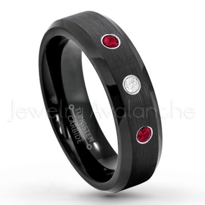 0.21ctw Ruby 3-Stone Tungsten Ring - July Birthstone Ring - 6mm Tungsten Wedding Ring - Brushed Finish Black IP Comfort Fit Tungsten Carbide Ring - Ladies Tungsten Anniversary Ring TN168-RB