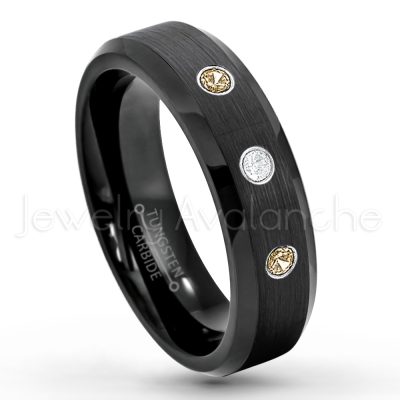 0.21ctw Smokey Quartz & Diamond 3-Stone Tungsten Ring - November Birthstone Ring - 6mm Tungsten Wedding Ring - Brushed Finish Black IP Comfort Fit Tungsten Carbide Ring - Ladies Tungsten Anniversary Ring TN168-SMQ