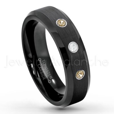 0.21ctw Smokey Quartz 3-Stone Tungsten Ring - November Birthstone Ring - 6mm Tungsten Wedding Ring - Brushed Finish Black IP Comfort Fit Tungsten Carbide Ring - Ladies Tungsten Anniversary Ring TN168-SMQ