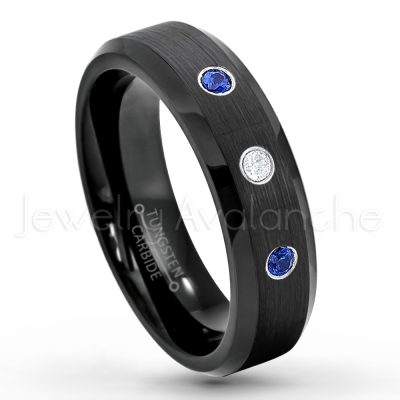 0.07ctw Blue Sapphire Tungsten Ring - September Birthstone Ring - 6mm Tungsten Wedding Ring - Brushed Finish Black IP Comfort Fit Tungsten Carbide Ring - Ladies Tungsten Anniversary Ring TN168-SP