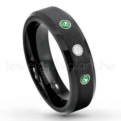 0.07ctw Tsavorite Tungsten Ring - January Birthstone Ring - 6mm Tungsten Wedding Ring - Brushed Finish Black IP Comfort Fit Tungsten Carbide Ring - Ladies Tungsten Anniversary Ring TN168-TVR