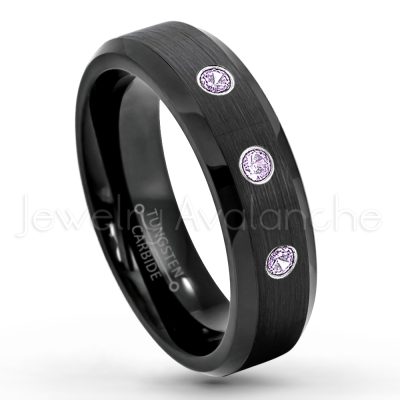 0.07ctw Amethyst Tungsten Ring - February Birthstone Ring - 6mm Tungsten Wedding Ring - Brushed Finish Black IP Comfort Fit Tungsten Carbide Ring - Ladies Tungsten Anniversary Ring TN168-AMT