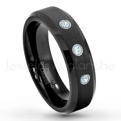 0.21ctw Aquamarine & Diamond 3-Stone Tungsten Ring - March Birthstone Ring - 6mm Tungsten Wedding Ring - Brushed Finish Black IP Comfort Fit Tungsten Carbide Ring - Ladies Tungsten Anniversary Ring TN168-AQM