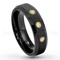 0.21ctw Citrine 3-Stone Tungsten Ring - November Birthstone Ring - 6mm Tungsten Wedding Ring - Brushed Finish Black IP Comfort Fit Tungsten Carbide Ring - Ladies Tungsten Anniversary Ring TN168-CN