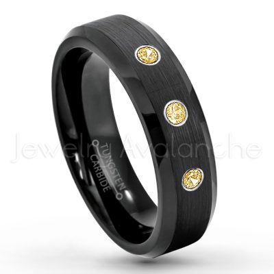 0.07ctw Citrine Tungsten Ring - November Birthstone Ring - 6mm Tungsten Wedding Ring - Brushed Finish Black IP Comfort Fit Tungsten Carbide Ring - Ladies Tungsten Anniversary Ring TN168-CN