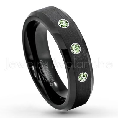 0.21ctw Green Tourmaline 3-Stone Tungsten Ring - October Birthstone Ring - 6mm Tungsten Wedding Ring - Brushed Finish Black IP Comfort Fit Tungsten Carbide Ring - Ladies Tungsten Anniversary Ring TN168-GTM